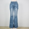 thumbnail image 5 of Dyfzdhu Women Mid Waisted Denim Jeans Pocket Stretch Button Bell-Bottom Pants Jeans Blue, 5 of 9