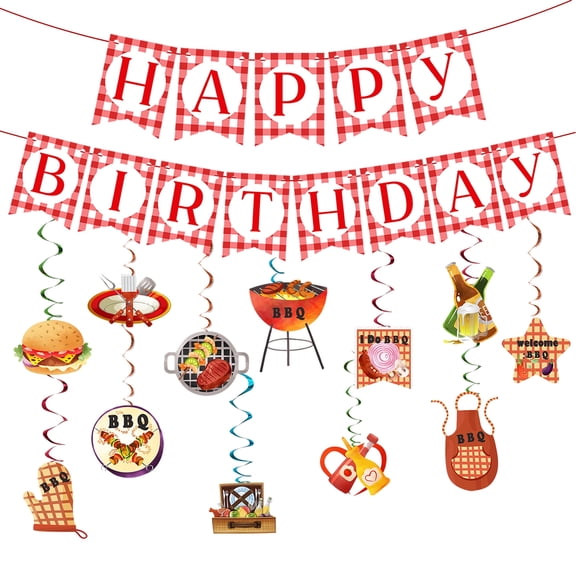 HTM Party Birthday Banner and 12 Pack of  Hanging Swirls BBQ Picnic Multicolor Barbecue Picnic Hanging Swirls for Carnival Red and White Gingham Birthday Party