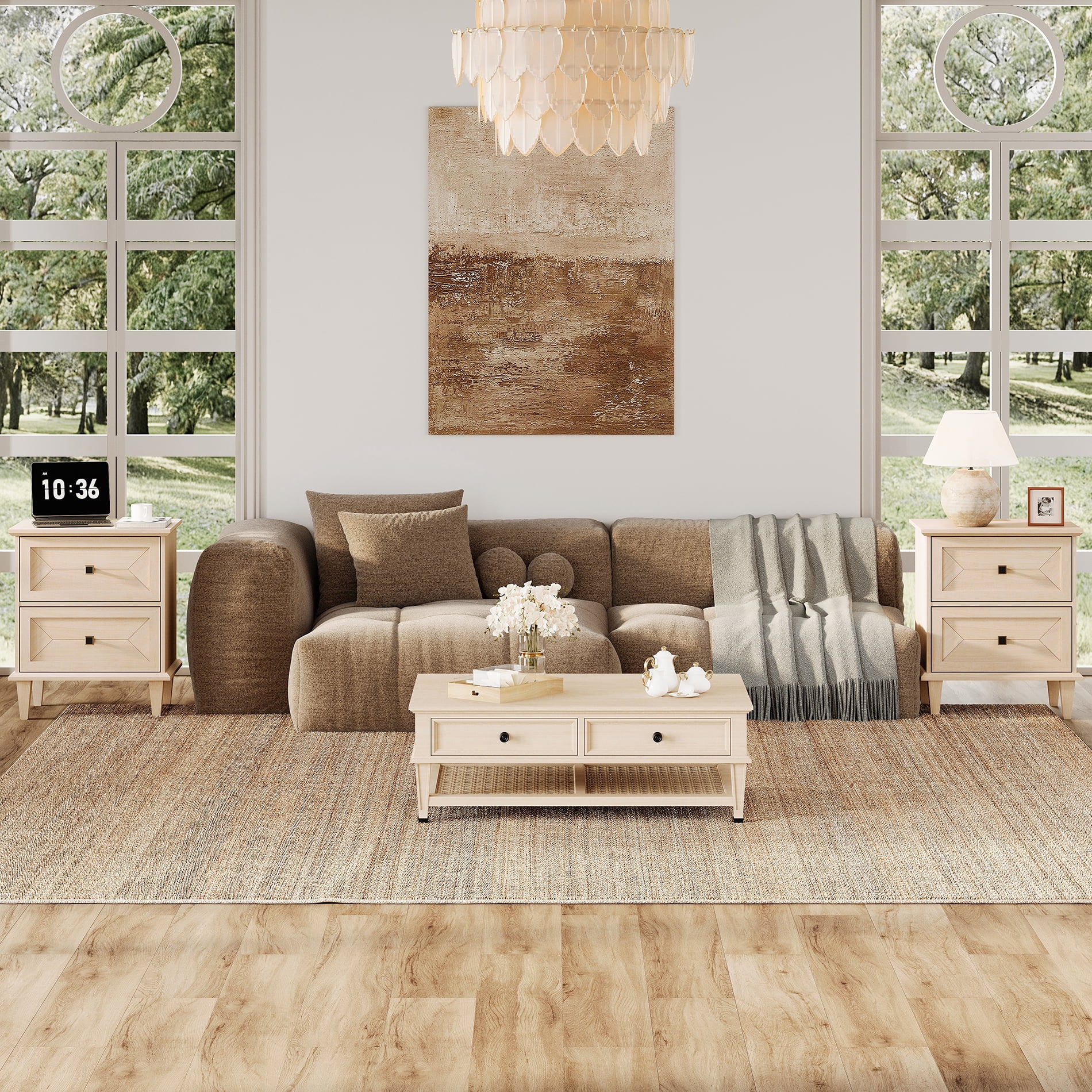 WAMPAT Set of 2 Nightstands with Charging Station, Modern Farmhouse Bedside Tables with Storage Drawers & Solid Wood Legs, Beige Side Tables for Bedroom, Light Beige