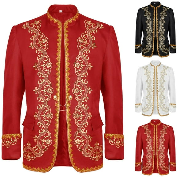 safuny Men's Tailcoat Costume Jacket Medieval Court Dress Gold Embroidery Jacket Stand Collar Cardigan Jacket Tailcoat Jacket Themed Parties Cosplay Events Black L