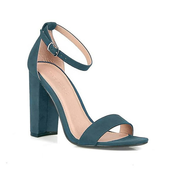 Teal Vegan Suede Ankle Strap Open Toe Chunky Heel Women's Shoes - 7