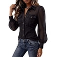 thumbnail image 5 of KLHDSF Denim Shirt Women Button Down Mesh Long Sleeve Jean Shirts Chambray Pearl Snap Shirt, Trendy Spliced Jean Tops, Chest Pockets, Daily Wear Black L, 5 of 7