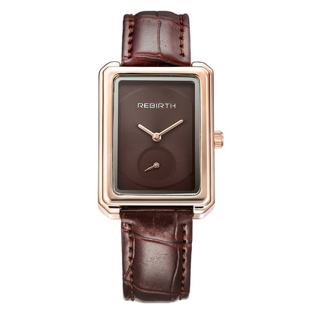 REBIRTH Women Brand Wrist Watches Ladies Watch Leather Fashion Square Quartz Watches Brown+rose