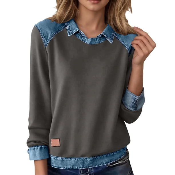 Camisas de manga larga for mujer, cuello de mezclilla, costura de retales, sudadera, Tops casuales, jersey