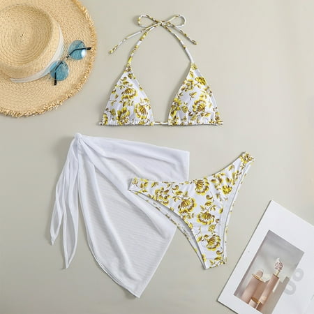 SnnmBlm Bikini Sets for Women 3 Piece Floral Print Halter Triangle Bathing Suit Swimsuit with Sarong Cover Up Yellow M