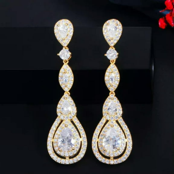Elegant 585 Rose Red Cubic Zirconia Long Drop Earrings for Lady Cocktail Party