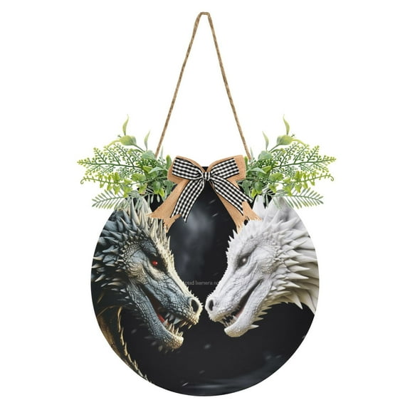 Black Dragon and White Dragon Front Door Porch Decoration Hanging Sign with Artificial Green Plants and Bow for Home Outdoor Indoor