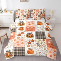 Manfei Orange Pumpkin 7 Pieces Bedding Comforter Set,Rustic Mushroom Flower Full Bedding Set,Hello Fall Fitted Sheet Flat Sheet For Men Womenm,Breathable Home Decor Reversible