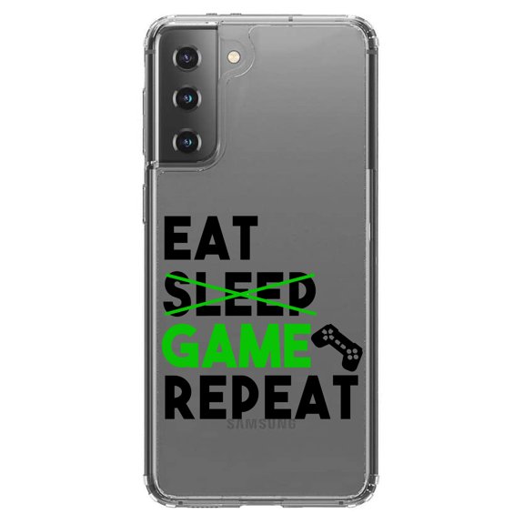 DistinctInk Clear Shockproof Hybrid Case for Galaxy S21  PLUS 5G (6.7" Screen) - TPU Bumper Acrylic Back Tempered Glass Screen Protector - Eat Game Repeat - Video Games Gamer