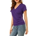 thumbnail image 4 of INSPIRE CHIC Women's Tops Wrap V Neck Short Sleeves Button Decor Ruched Causal Blouses XS Purple, 4 of 6