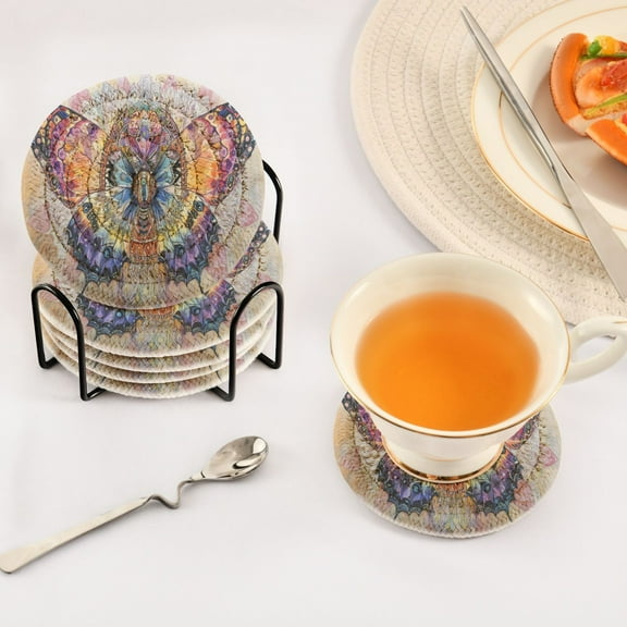 BZSMCE 6Pcs Drink Coasters With Holder 3.94Inch Mandala Butterfly Creative Coil Coaster Coasters Colors Absorbent Coasters for Drinks Coasters Set Thicken Heat for Home Table