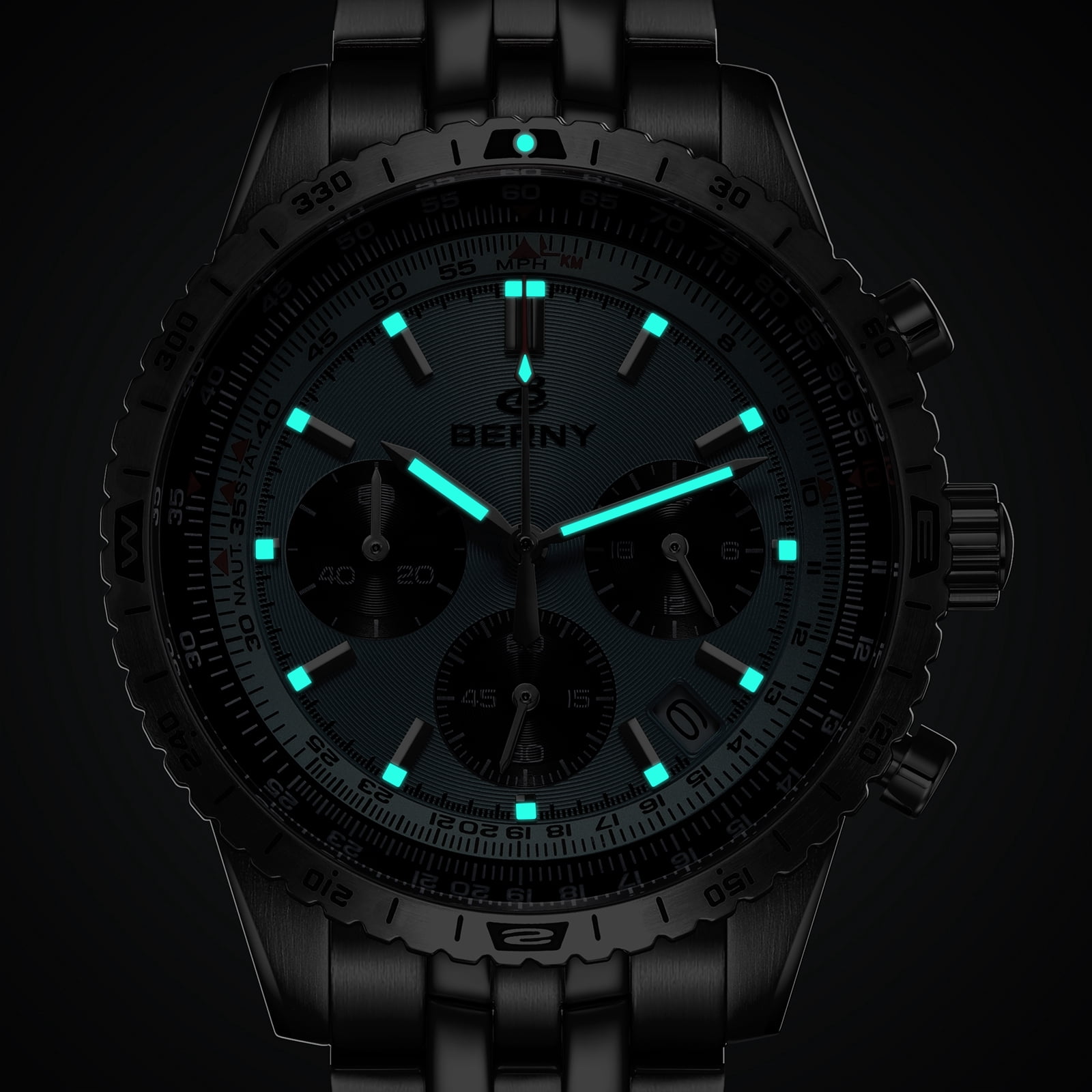 BERNY Silver Chronograph Watches for Men, Sport Luxury Analog Quartz Watch with Tachymeter, Stainless Steel, Waterproof, Luminous, Sapphire Crystal, Date Calender, Men's Wristwatch (Light Blue)