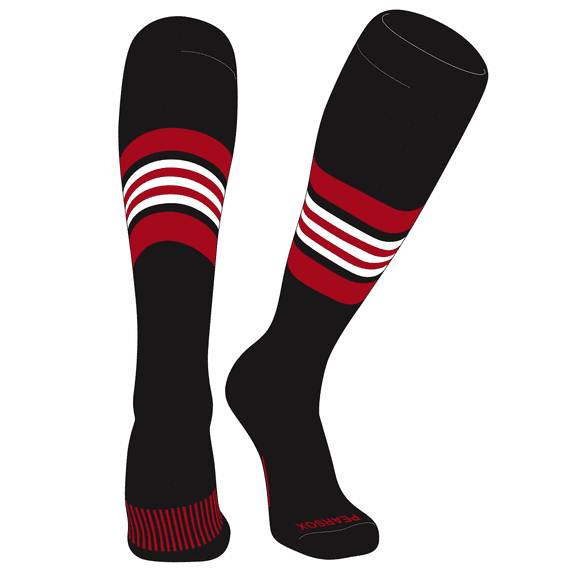 PEAR SOX Striped OTC Baseball, Softball, Football Socks (G) Black, Red, White (XS)