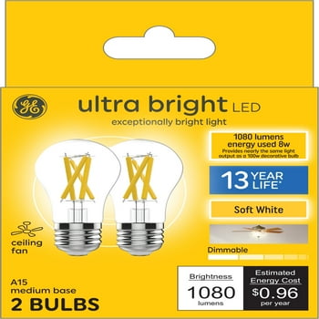 GE Ultra Bright LED Ceiling Fan Light Bulbs, 100 Watt Eqv, Soft White, Medium Base, 2pk
