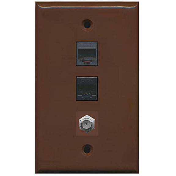 RiteAV - 1 Port Coax Cable TV- F-Type 1 Phone RJ11 RJ12 1 Cat5e Ethernet Wall Plate - Brown