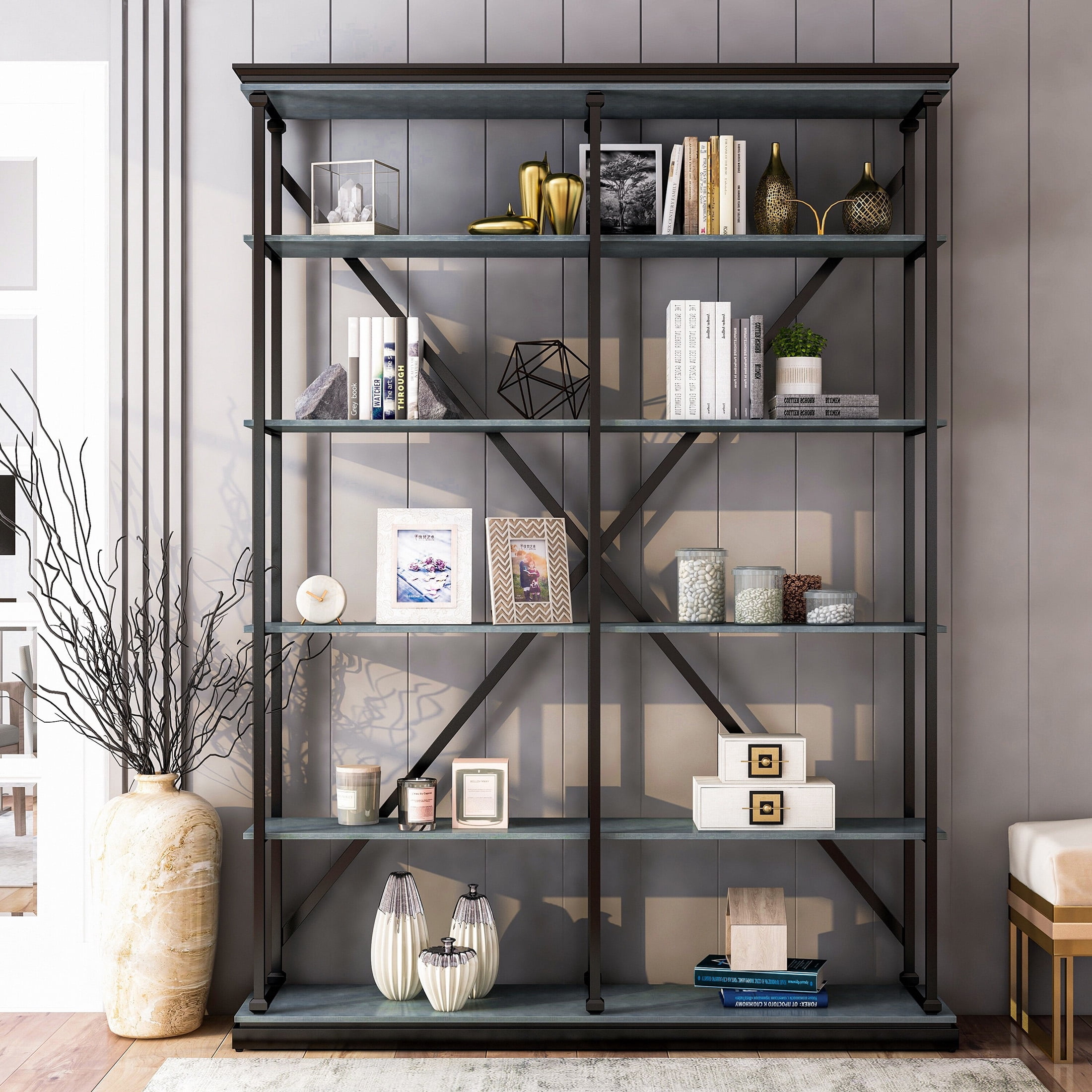 Furniture of America Macea Bookcase, Antique Blue, 58-Inch