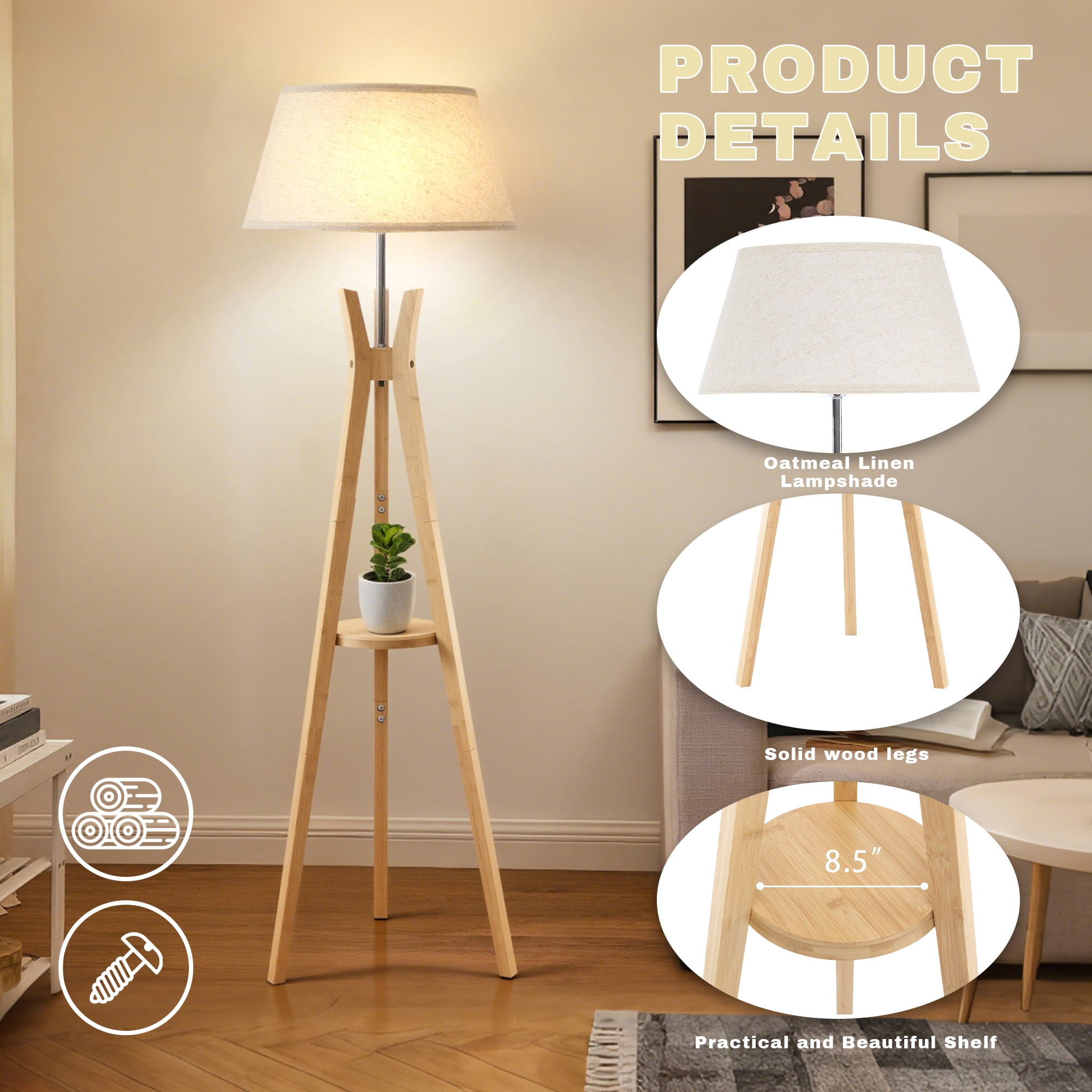 Bamboo Tripod Floor Lamp with Shelves,Mid Century Standing Lamp,Modern Design Studying Light for Living Room,Bedroom,Study Room and Office,Beige Linen Lamp Shade with E26 Base,Natural