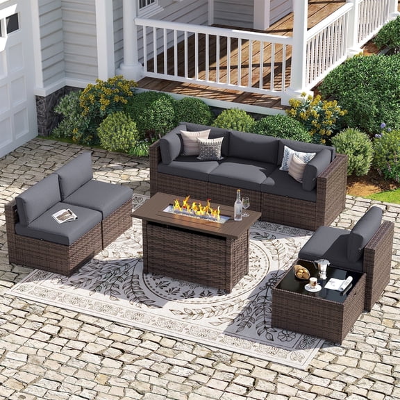 Sunmthink 8-Piece Outdoor Patio Furniture, Patio Furniture Sets with Fire Pit, Wicker Outdoor Conversation Set and Waterproof Cover
