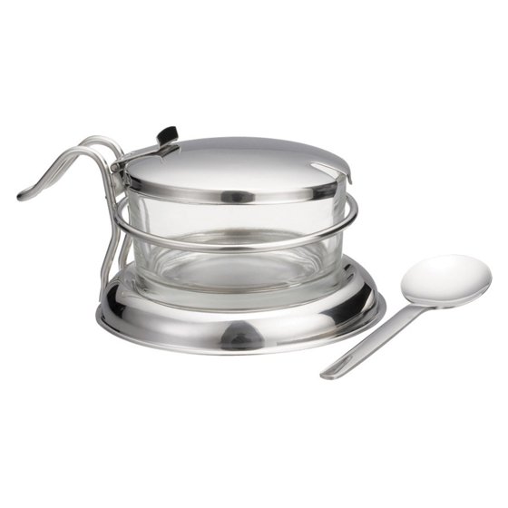 TableCraft 6 oz Glass Condiment Jar with Holder, Lid & Spoon