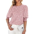 thumbnail image 1 of Blusa de cuello redondo de manga corta con puños estampados y botones en la espalda, blusa ajustada informal para mujer, 1 of 6
