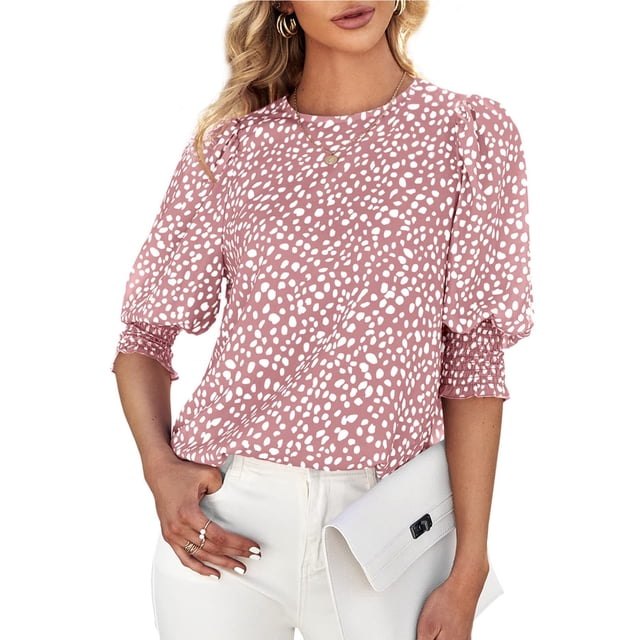 Blusa de cuello redondo de manga corta con puños estampados y botones en la espalda, blusa ajustada informal para mujer