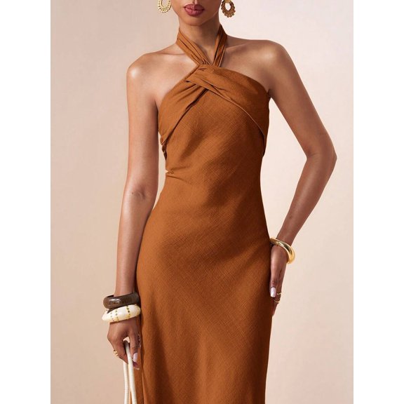 Women Elegant Redwood Satin Twist Front Halter Neck Long Maxi Dress For