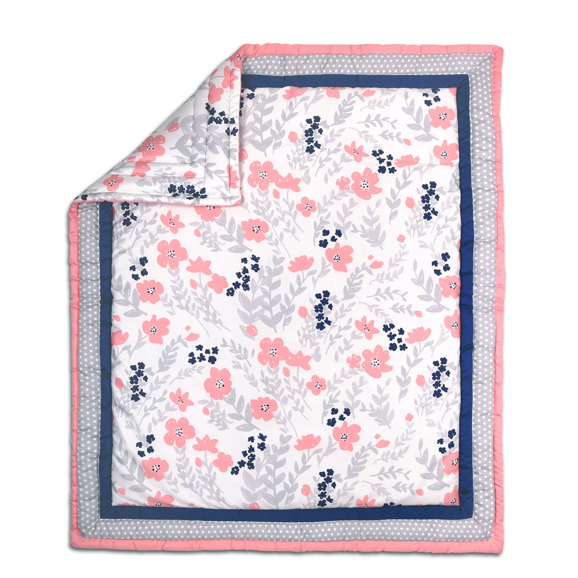 The Peanut Shell 3 Piece Baby Crib Bedding Set Coral Gray And Navy Blue Floral Designs 100 Cotton Quilt Crib Skirt And Sheet Walmart Com Walmart Com