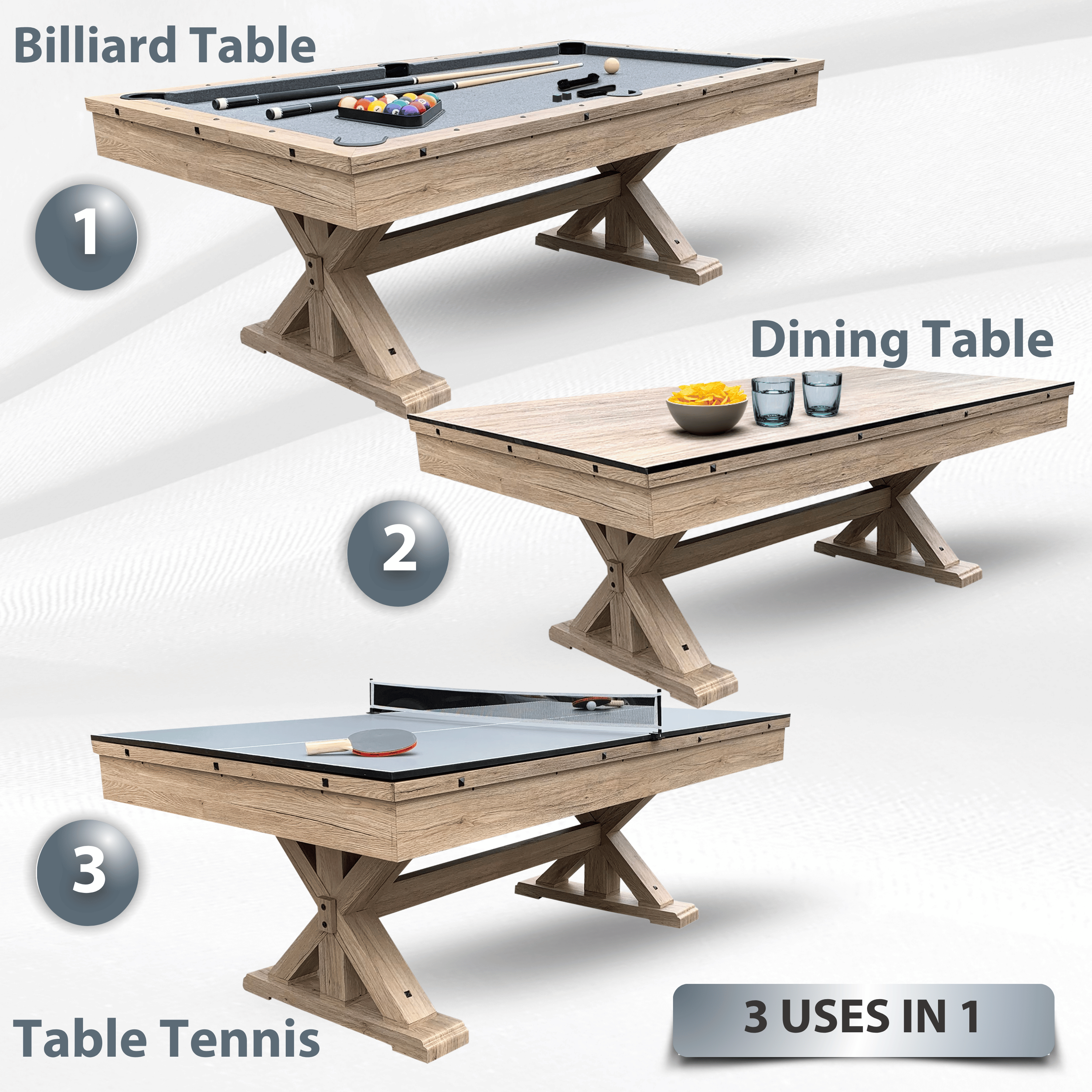 Freetime Fun 7ft 3 in 1 Multi Game Combo Pool Table with Dining and Table Tennis Tops. Dust Cover Included. - RB3010A