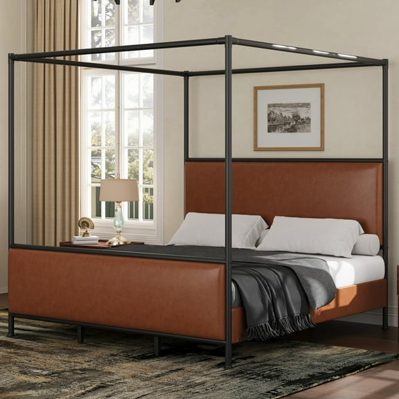 Christopher Knight Home King Size Canopy Bed Frame with PU Upholstered Headboard, Iron Frame, Brown Black