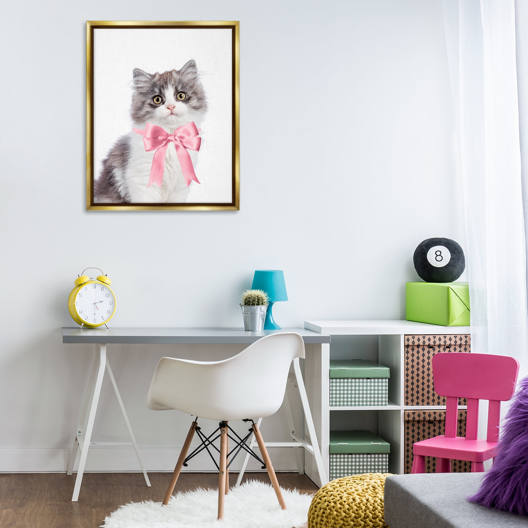 Stupell Industries Kitten with Pink Bow Animals Painting Gold Floater Framed Canvas Art Print Wall Art, 25 x 31