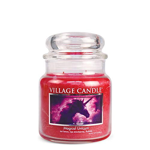 Village Candle Magical Unicorn, Medium Glass Apothecary Jar Scented Candle, 13.75 Ounces, Pink