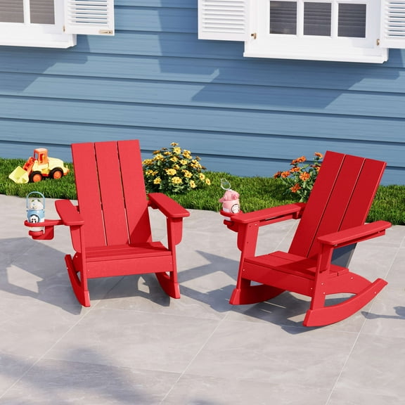 WestinTrends Ashore Outdoor HDPE Plastic Preschool Toddler Modern Adirondack Rocking Chairs (Set of 2), Red