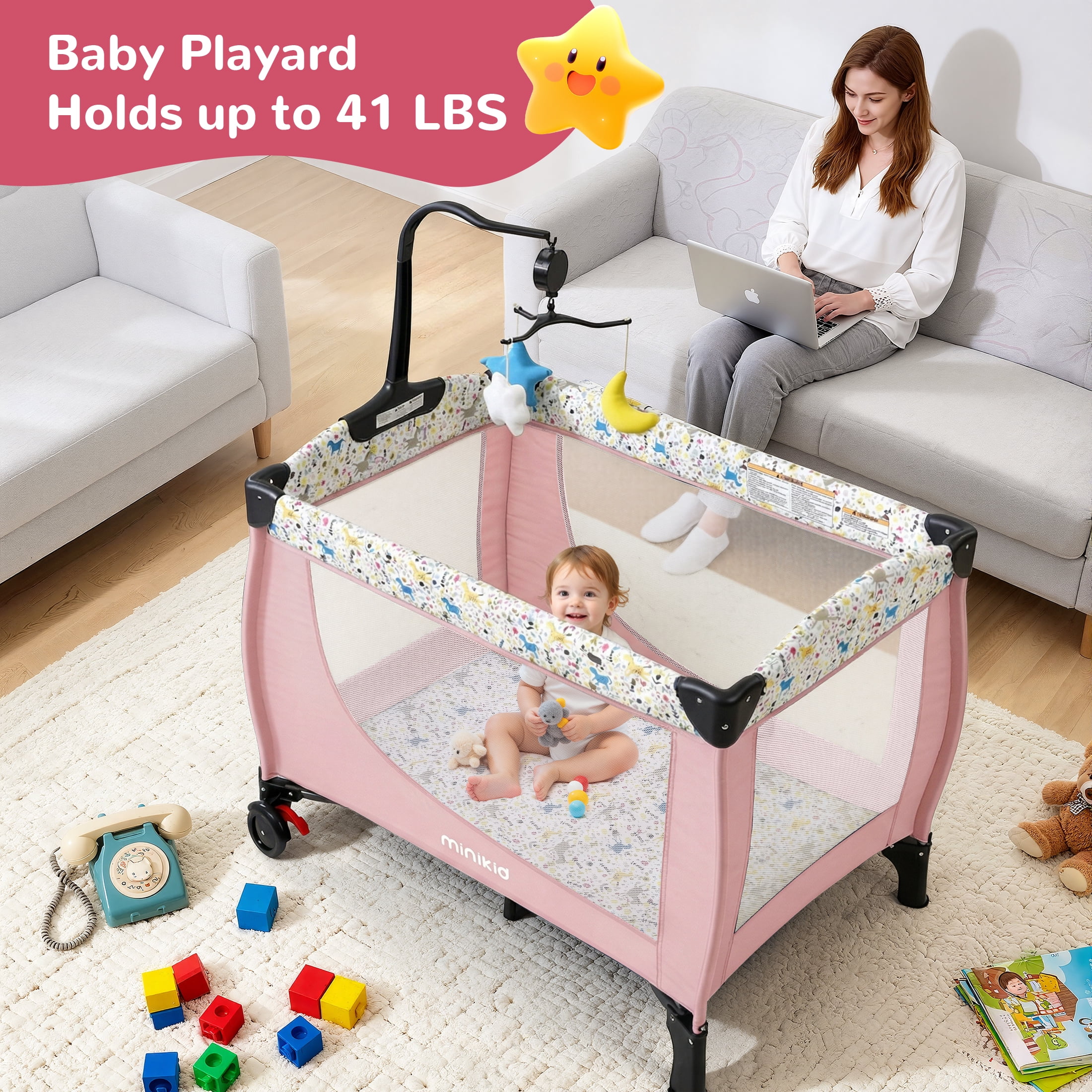 Minikid Baby Playard with Bassinet,Unisex Playpen Include Music Box and Hanging Toys,Portable Crib for Newborn to Toddlers,Pink