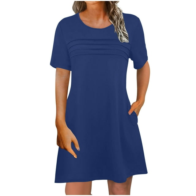 Liquidation d'Été 2025! Robe Grande Taille pour Femmes, Liquidation de Robe d'Été pour Femmes, Mode Femme Confortable Robe d'Été Couleur Unie Manches Courtes Col Rond