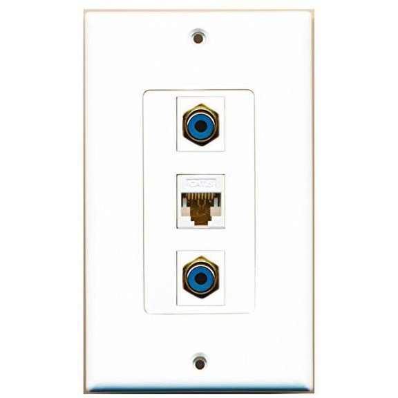 RiteAV - 2 Port RCA Blue and 1 Port Cat6 Ethernet White Decorative Wall Plate Decorative