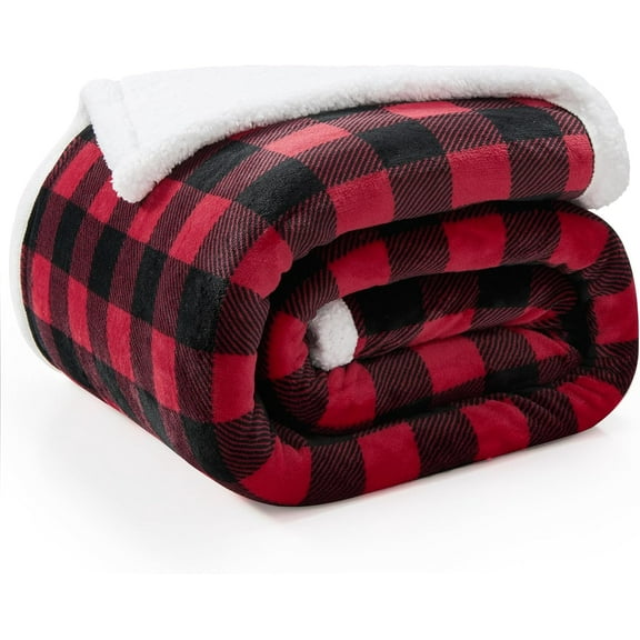 Sherpa Fleece Blankets King Size - Black and Red Buffalo Plaid Christmas Blanket, Super Soft Cozy Warm Thick Winter Blanket for Couch and Bed, 108" x 90"