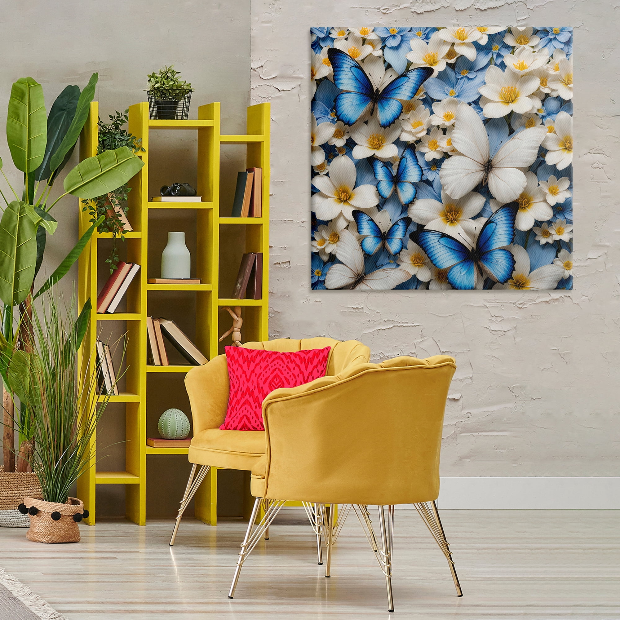 Stupell Industries Blue & White Floral Butterflies Plants & Flowers Painting Wrapped Canvas Art Print Wall Art, 36 x 36