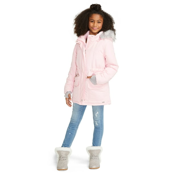 Justice Girls Water Resistant Canvas, Pink Faux Fur Lined Parka Coat Womens