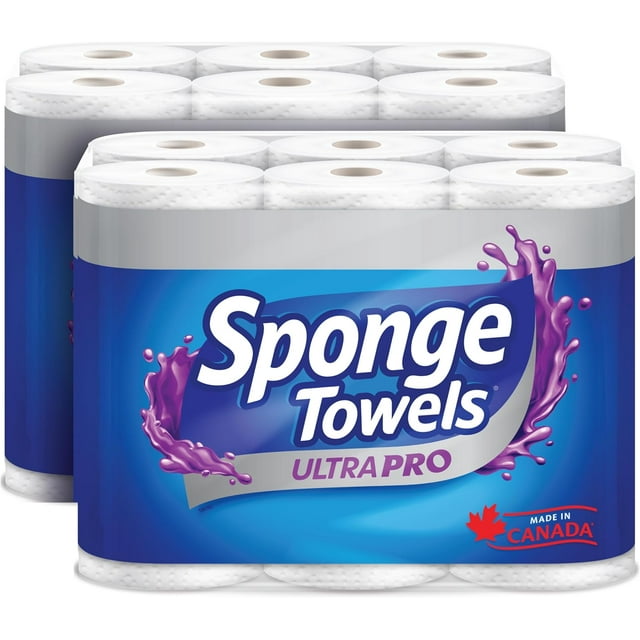 SpongeTowels UltraPRO Essuie-Tout Ultra Résistant et Absorbant, Feuilles au Choix, 2 Paquets de 6 Rouleaux Géants 18 Rouleaux Réguliers