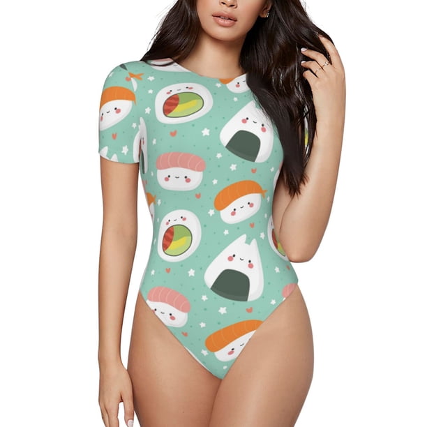 Fotbe Kawaii Sushi Body de Mujer con Cuello Redondo y Mangas Cortas, Sin Mangas Ajustado, Suave, Cómodo y Básico-Large