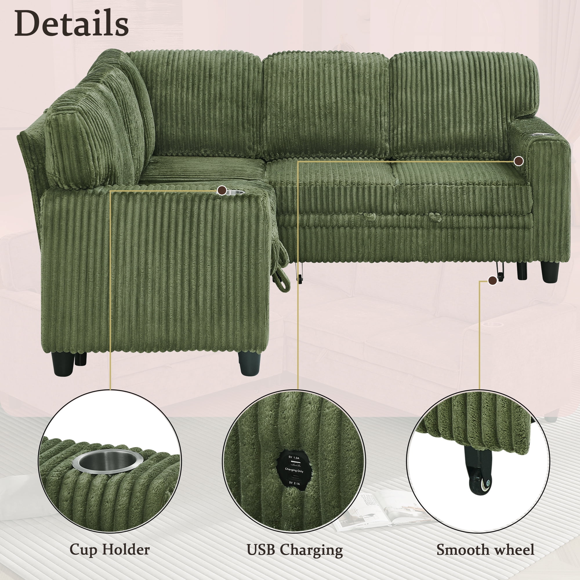 5-Seat L-Shaped Sectional Sofa with Pull-Out Bed, Reversible Chaise with Storage, Sleeper Sofa Couch Bed with USB & Type-C Charging Ports, Chenille Fabric Couch for Living Room, Apartment