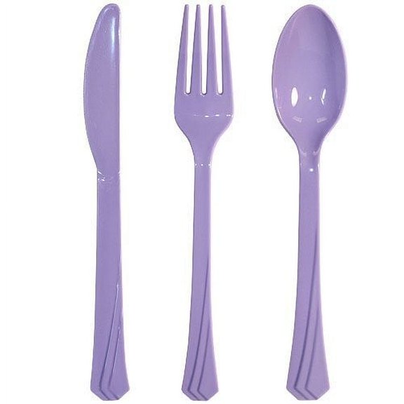Tiger Chef Plastic Cutlery Set Heavy Duty Colored Plastic Silverware - Includes 96 Forks, 96 Teaspoons, and 96 Knives (Lavender, 288)