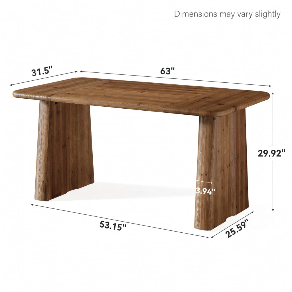 Hommoo 63 Inch Solid Wood Rectangular Dining Table with Double Pedestal Base, Rustic Vintage Kitchen & Home Office Desk, Child-Safe Rounded Edges, Natural