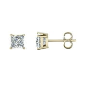 Savlano 1 Pair 4mm 14K Yellow Gold Plated Cubic Zirconia Square Princess Cut Stud Earrings For Women, Girls & Men