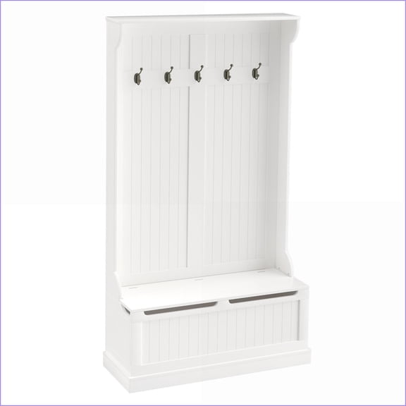Hall Tree with Storage Bench, 3-in-1 38" Coat Rack with 4 Hooks & Shoe Storage, MDF | Cream White