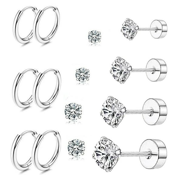 Nmkwnr 6 Pairs Cubic Zirconia Earring Stud 316l Stainless Steel Stud Earrings 14K Gold Plated Hoop Earrings for Women