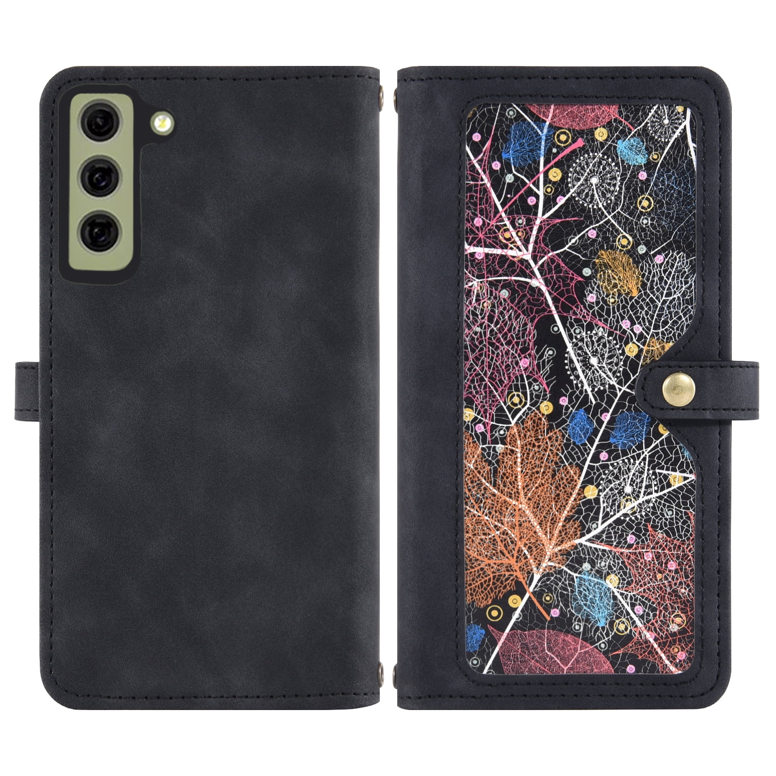 Asuwish Phone Case for Samsung Galaxy S21 FE 5G Wallet Cover With Tempered Glass Screen Protector Wrist Strap Flip Pattern Zipper Card Holder Cell S 21 EF S21FE5G UW S21FE 21S G5 6.4 inch Women Black