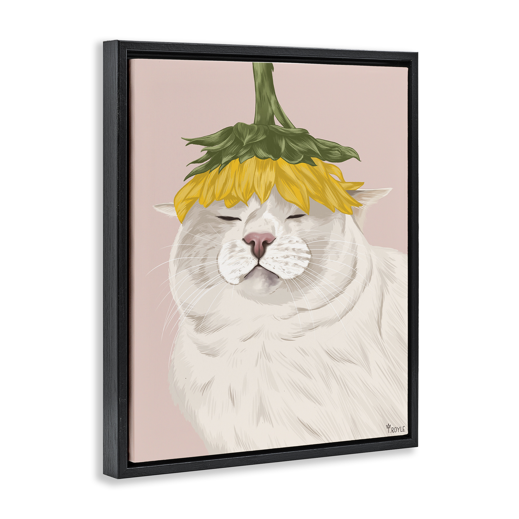 Stupell Industries Cat with Daisy on Head Animals & Insects Painting Black Floater Framed Canvas Art Print Wall Art, 17 x 21