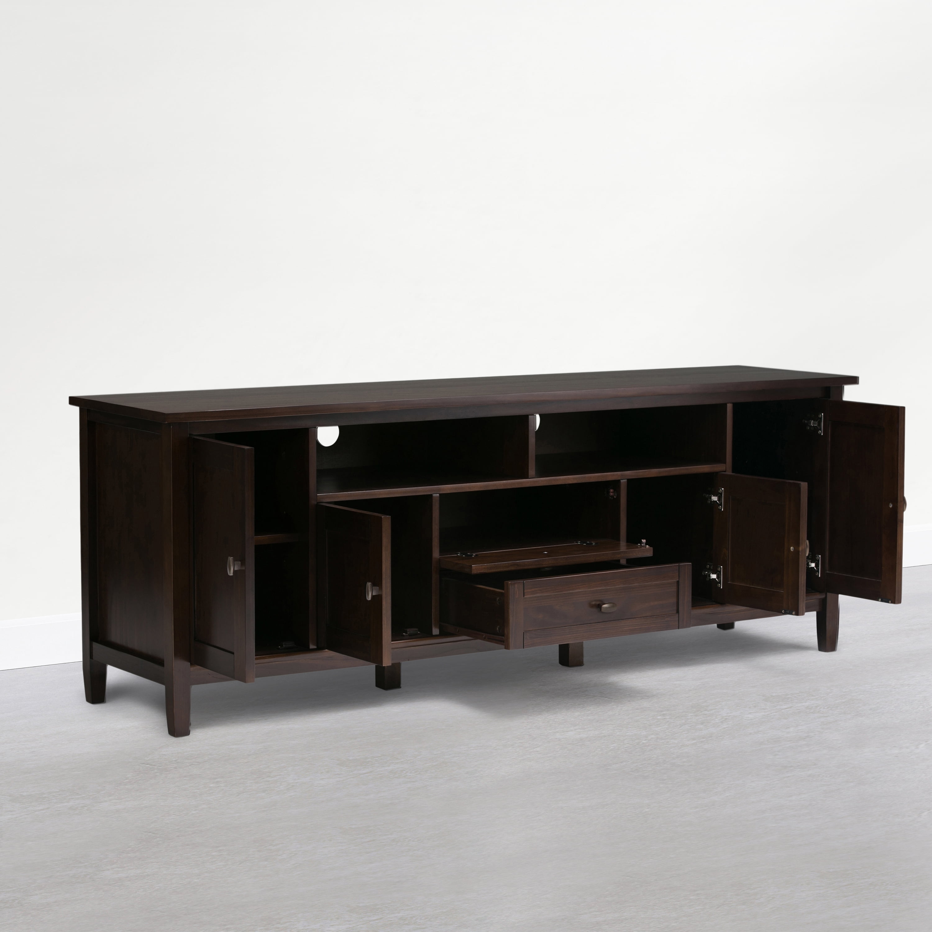 Simpli Home Warm Shaker 72 inch Wide Solid Wood TV Stand, Mocha Brown