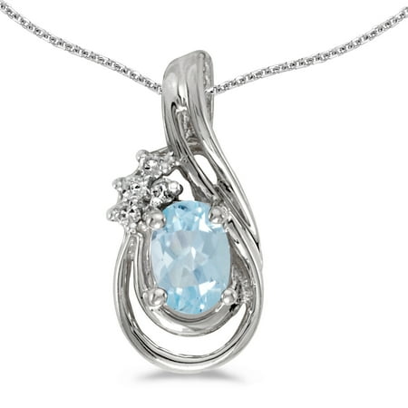 - 14k White Gold Oval Aquamarine And Diamond Teardrop Pendant with 18